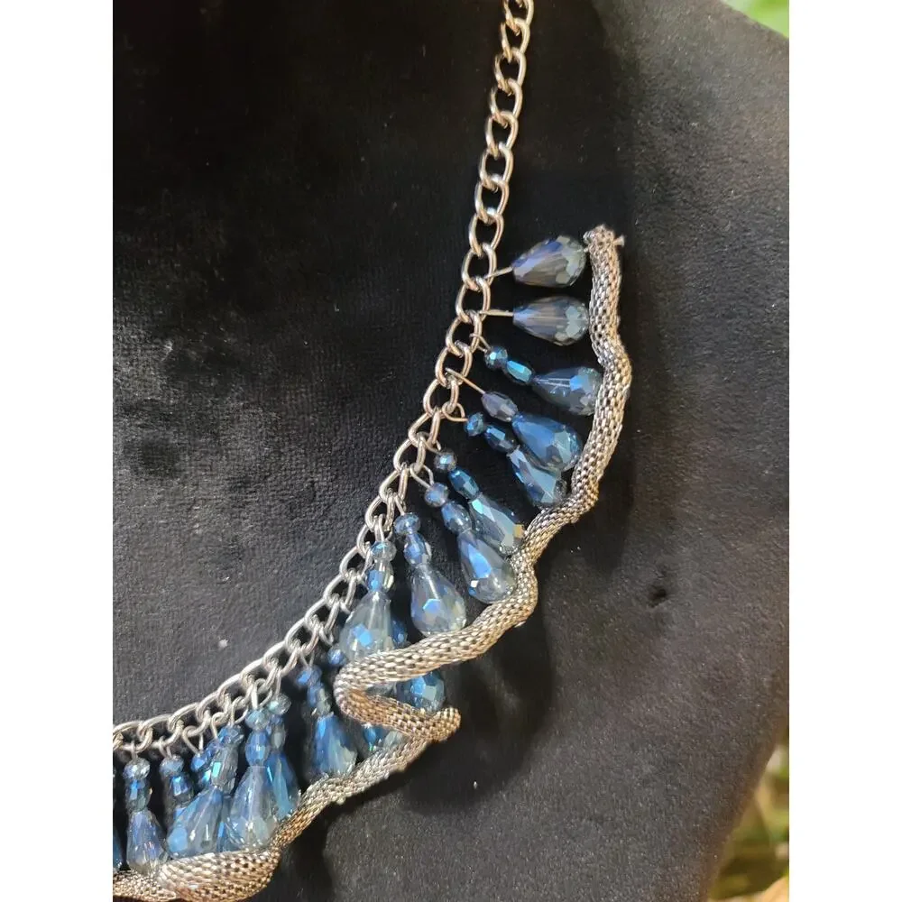 Women's Silver Tone Blue Faceted Crystal Bib Necklace Statement Fashion Jewelry - Picture 4 of 7